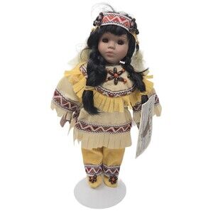 Native American Indian Doll w/ Papoose Baby Porcelain & Leather w/ Tag 9" Vintag